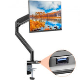 Black gas spring single monitor arm mount for 13-35" screens with USB port and clamp base.