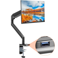 Black adjustable gas spring single monitor arm mount with USB port, supporting 13-35 inch screens.