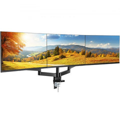 Triple monitor mount with gas spring arms for 13"-27" displays, featuring full motion capabilities.