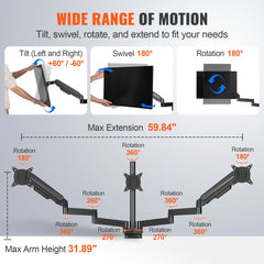 Triple monitor mount with gas spring arms for 13"-27" VESA displays and cable management.