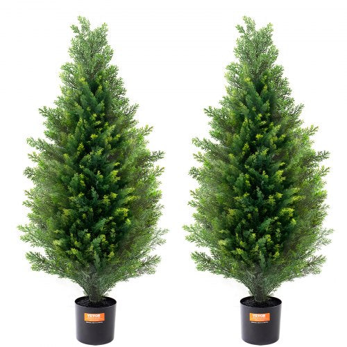 Two 36-inch artificial cedar topiary trees in black pots, with UV-resistant green foliage.