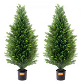 Two 36-inch artificial cedar topiary trees in black pots, with UV-resistant green foliage.