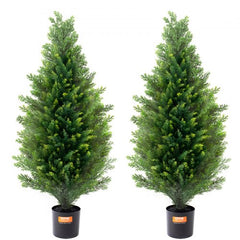 Two 36-inch artificial cedar topiary trees in black pots, with UV-resistant green foliage.