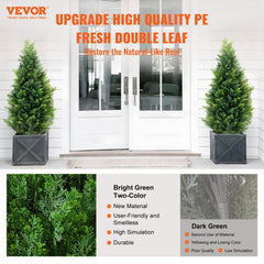 Two 36-inch artificial cedar topiary trees in pots with UV-resistant two-tone green foliage.