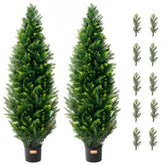 Two 4ft artificial cedar topiary trees with dense foliage in vibrant two-tone green.