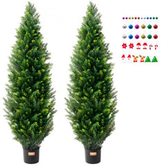Two 5-foot artificial cedar topiary trees with dense foliage in weighted pots.