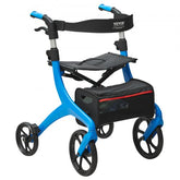 Blue Bostome folding rollator walker with aluminum frame, seat, adjustable blue handles, and storage bag.