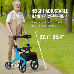 Blue folding rollator walker with adjustable handles from 32.7 to 35.4 inches, seat, and storage bag, used by a senior man outdoors.
