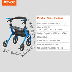 Blue folding rollator walker with seat, adjustable handles, and large wheels.