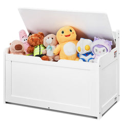 White wooden toy chest with a safety hinge lid and ample storage space for kids' items.