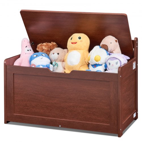 Cherry wooden toy chest with hinged lid, filled with stuffed animals, 32x18x24 inches.