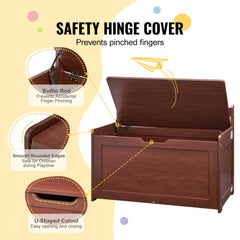 Cherry wooden toy chest with safety hinge cover to prevent finger pinching, measuring 32x18x24 inches.