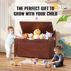 Cherry wood toy chest with open lid showing stuffed toys inside, two toddlers playing nearby.