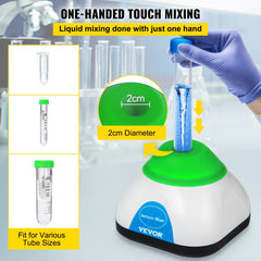 Compact green mini vortex mixer with 3000 RPM speed, 2 cm diameter tube holder, and one-handed touch operation for 50 mL samples.