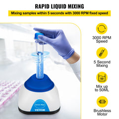 White mini vortex mixer with blue accents on a lab bench, displaying 3000 RPM speed and 50mL capacity.
