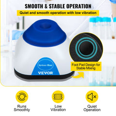 Blue mini vortex mixer with white base, foot pad for stability, and icons for smooth run, low vibration, and quiet operation.