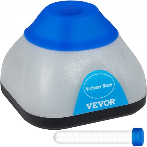 A compact white mini vortex mixer with blue top and VEVOR label, shown with a small test tube.