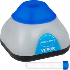 A compact white mini vortex mixer with blue top and VEVOR label, shown with a small test tube.