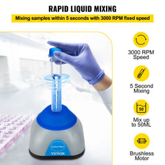 Blue Bostome mini vortex mixer with 3000 RPM speed, mixing 50mL tube in gloved hand.