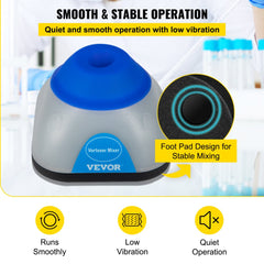 Blue and gray mini vortex mixer with touch operation, low vibration, and quiet stable design.