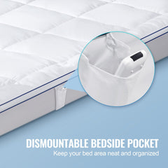 Queen size 1-inch fiber fill mattress topper with detachable washable bedside pocket.
