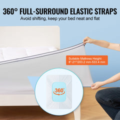 Queen size 1-inch fiber fill mattress topper with 360-degree elastic straps for 8-21 inch mattresses.