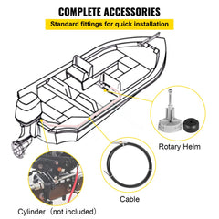 Bostome 12' Outboard Rotary Boat Steering Kit with stainless steel cable and rotary helm.