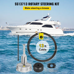 Bostome 13ft Outboard Boat Steering Kit with stainless steel tapered shaft and installation hardware.