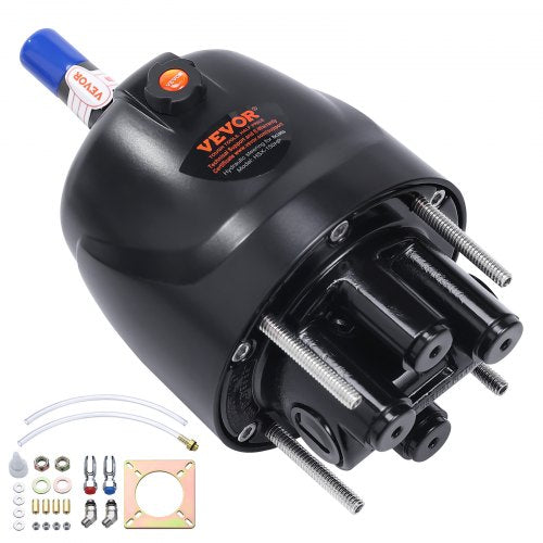 Black aluminum Bostome Helm 1.4 hydraulic outboard steering pump with blue reservoir, orange valve, and mounting hardware.