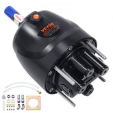Black aluminum Bostome Helm 1.4 hydraulic outboard steering pump with blue reservoir, orange valve, and mounting hardware.