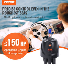 Aluminum hydraulic outboard steering pump for up to 150HP engines, shown with helm and boat.