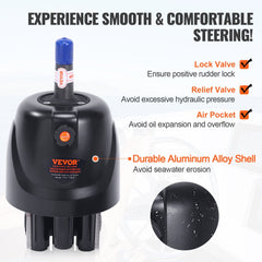 Black aluminum hydraulic outboard steering pump with blue cap, valves, and VEYOR label.
