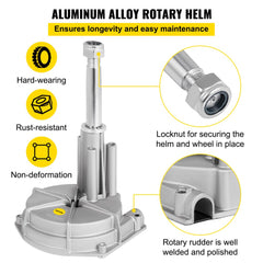 Silver aluminum alloy rotary helm with 13.5-inch wheel, 16ft cable, and rust-resistant features.