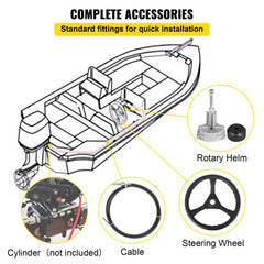 Diagram of Bostome SS13716 outboard steering kit showing 16ft cable, 13.5in wheel, rotary helm, and boat installation.