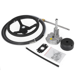 Bostome SS13716 outboard steering kit with 13.5-inch black wheel, 16-foot cable, and hardware.