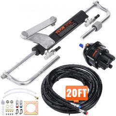 Bostome 90HP hydraulic outboard steering kit with silver cylinder, black pump, 20ft black hoses, and fittings.