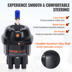 Bostome 90HP hydraulic outboard steering kit with black aluminum pump, blue-topped cylinder, and hoses.