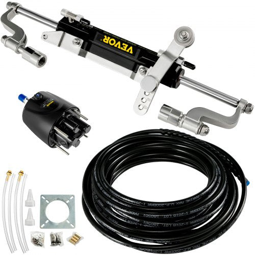 Bostome hydraulic steering kit with helm pump, cylinder, 20ft hoses, and accessories for 300HP outboard boats.