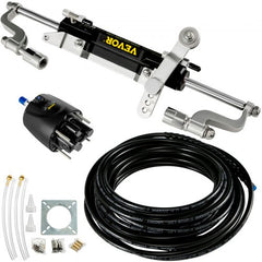 Bostome hydraulic steering kit with helm pump, cylinder, 20ft hoses, and accessories for 300HP outboard boats.
