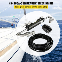 Hydraulic steering kit with helm pump, compact cylinder, hoses, and accessories for boats.