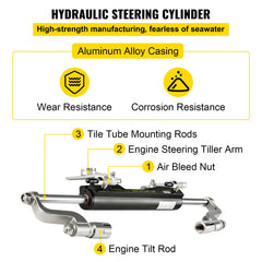 Hydraulic steering cylinder for 300HP outboard boats with aluminum casing, mounting rods, and corrosion resistance.