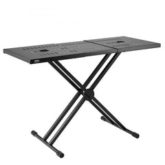 Adjustable height DJ table with a double-X braced stand and spacious metal mesh tabletop.