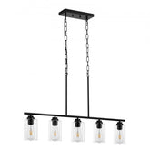 Black metal 5-light kitchen island pendant with clear glass shades in a retro industrial design.