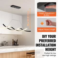 Black metal modern LED pendant light with adjustable height and dimmable color temperatures.