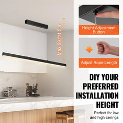 A 47-inch dimmable LED linear pendant light with adjustable height suspension cables up to 59 inches.