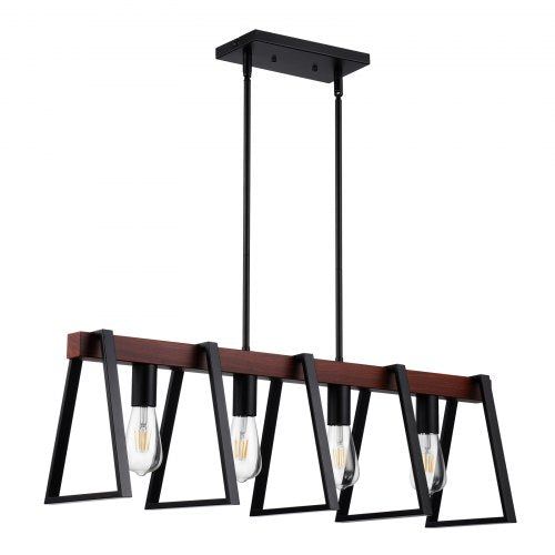 Retro-industrial 4-light pendant with metal and walnut wood grain design, adjustable height.