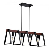 Retro-industrial 4-light pendant with metal and walnut wood grain design, adjustable height.