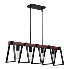 Retro-industrial 4-light pendant with metal and walnut wood grain design, adjustable height.