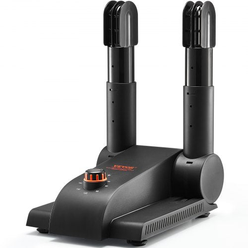 Black and orange foldable shoe and boot dryer with two tubes and adjustable timer.