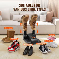 Black and orange foldable shoe and boot dryer with two tubes and adjustable timer.